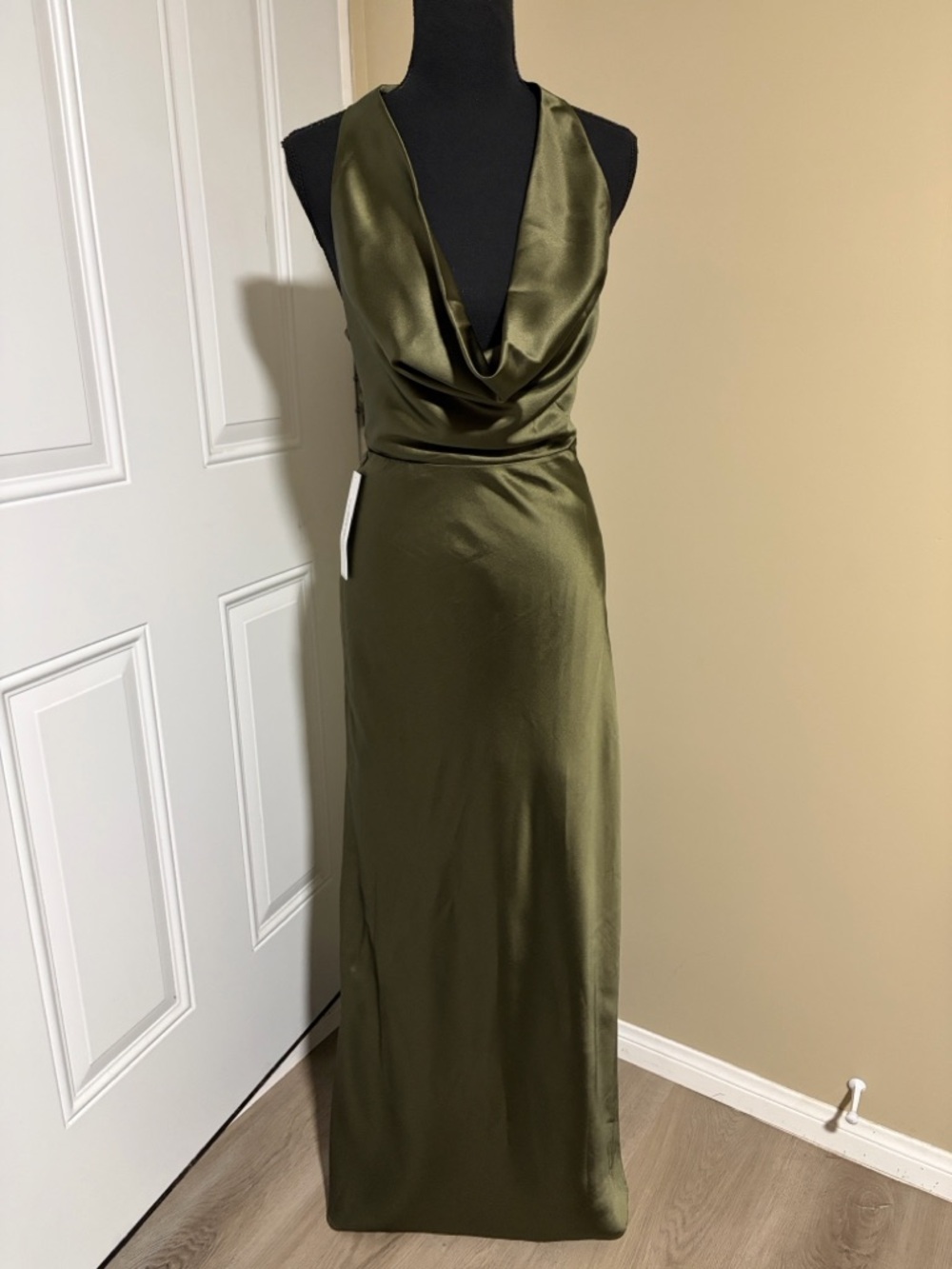 Princess Polly Iridescent Plunge Maxi Dress Olive Green. - Picture 3 of 12